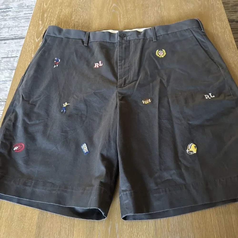 Polo Ralph Lauren Men Shorts Sz 38 Gray Flat Front Embroidered Sports Icons Cool